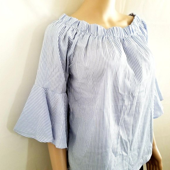 Kontrol Contemporary Blue & White Stripe Off-Shoulder 3/4 Sleeve Blouse Medium - Picture 6 of 13